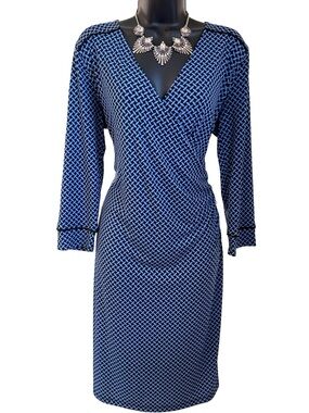 Jones New York Blue Geometric Long-Sleeve Faux Wrap Dress